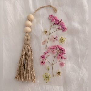 Pink Hand crafted pressed flower Bookmark with Tassel and wooden beads